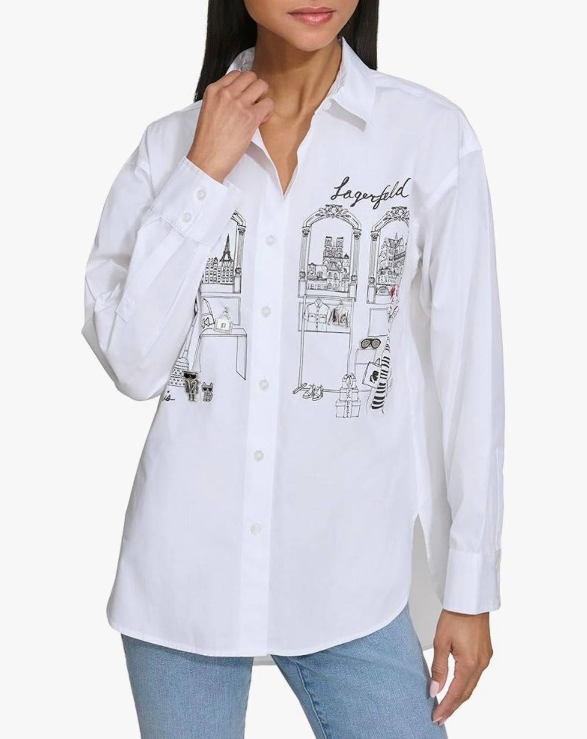 KARL LAGERFELD Women's Shopping Girl Scene With Charms Oversize Poplin