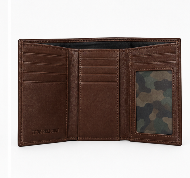 True Religion Brown Soft Leather Men's Trifold Wallet – Vertical Design with Signature Metal Logo