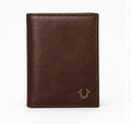 True Religion Brown Soft Leather Men's Trifold Wallet – Vertical Design with Signature Metal Logo