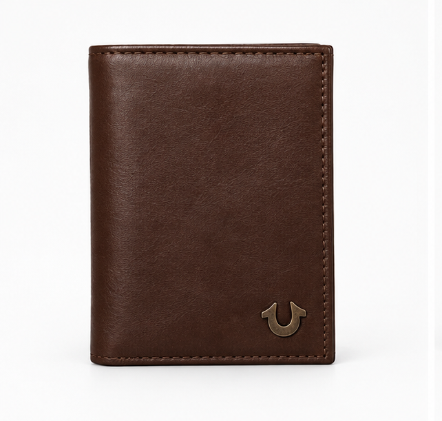 True Religion Brown Soft Leather Men's Trifold Wallet – Vertical Design with Signature Metal Logo