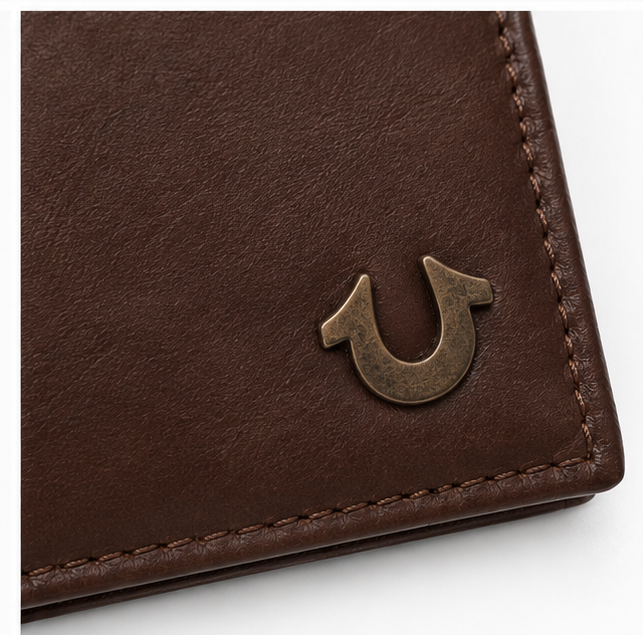 True Religion Brown Soft Leather Men's Trifold Wallet – Vertical Design with Signature Metal Logo