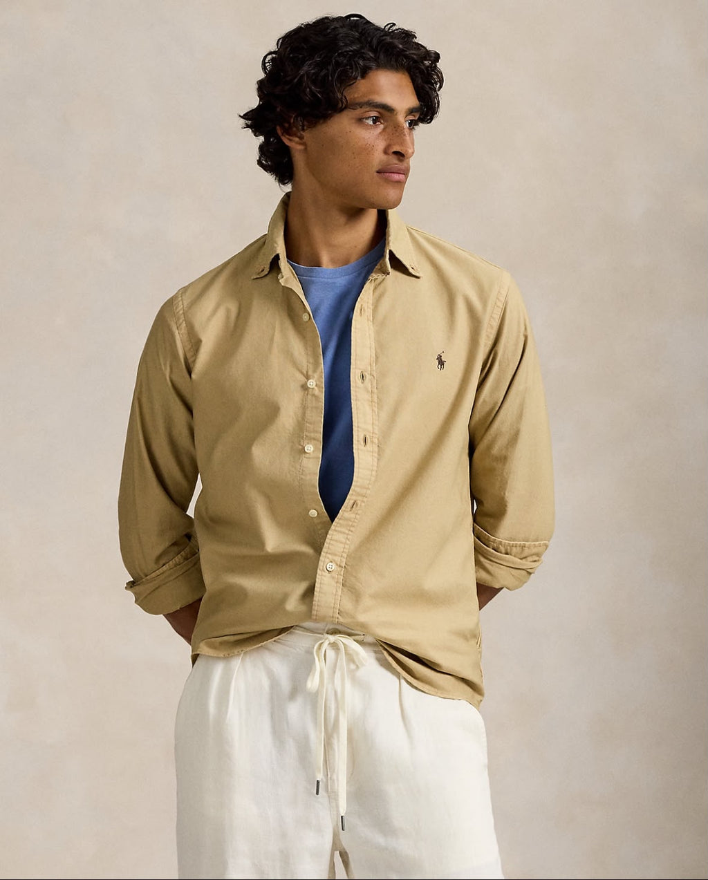 Classic Fit Garment Dyed Oxford Shirt in Beige