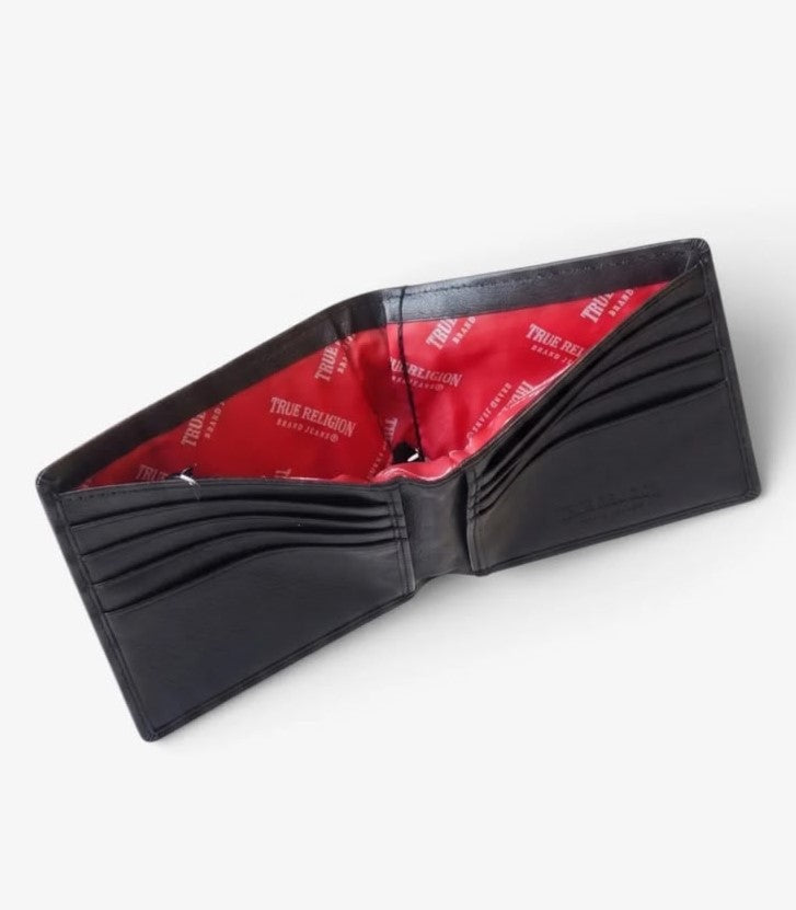 TRUE RELIGION Slim Bifold Leather Wallet Black RFID Shield Logo Gift Box Horner