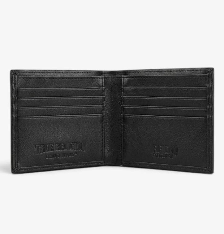 TRUE RELIGION Slim Bifold Leather Wallet Black RFID Shield Logo Gift Box Horner