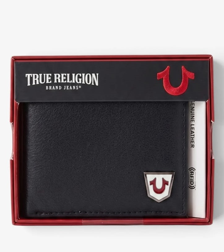 TRUE RELIGION Slim Bifold Leather Wallet Black RFID Shield Logo Gift Box Horner