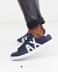 Armani Exchange Men's AX Logo Perforated Navy Leather Sneakers