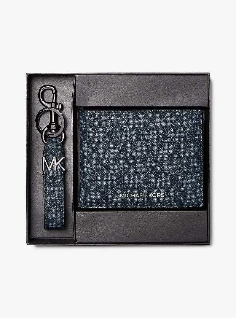 MK Navy Leather Wallet + Keychain