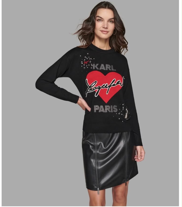 Karl Lagerfeld Paris Women's Embellished Heart Graphic Sweater.