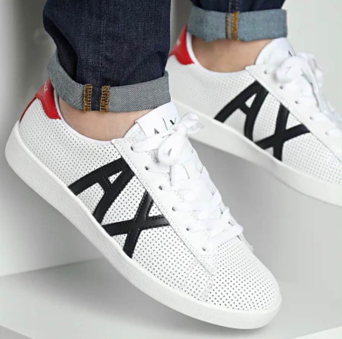 Armani Exchange Men's AX Logo Perforated Navy Leather Sneakers