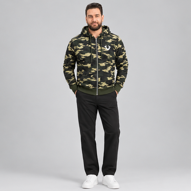 True Religion Men's Premium Arch Buddha Full Zip Fleece Hoodie Jacket