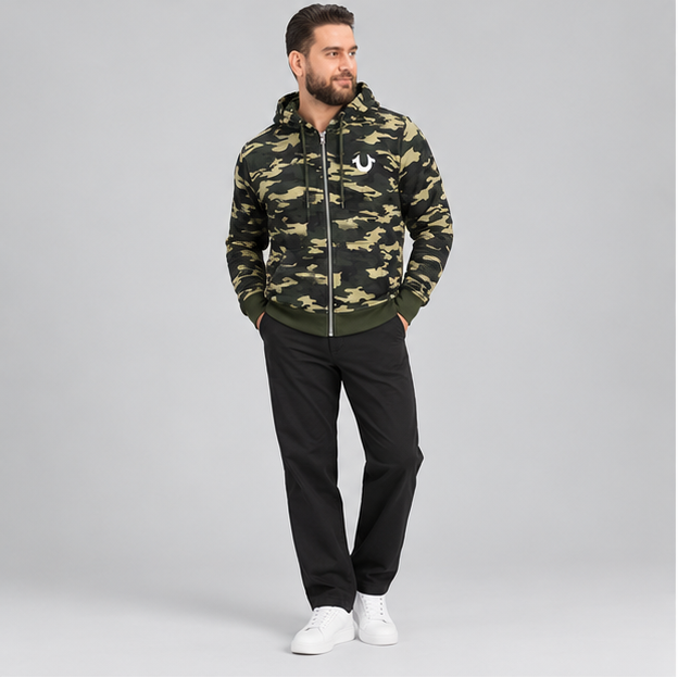 True Religion Men's Premium Arch Buddha Full Zip Fleece Hoodie Jacket