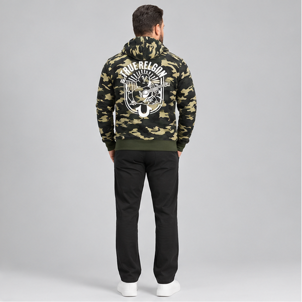 True Religion Men's Premium Arch Buddha Full Zip Fleece Hoodie Jacket