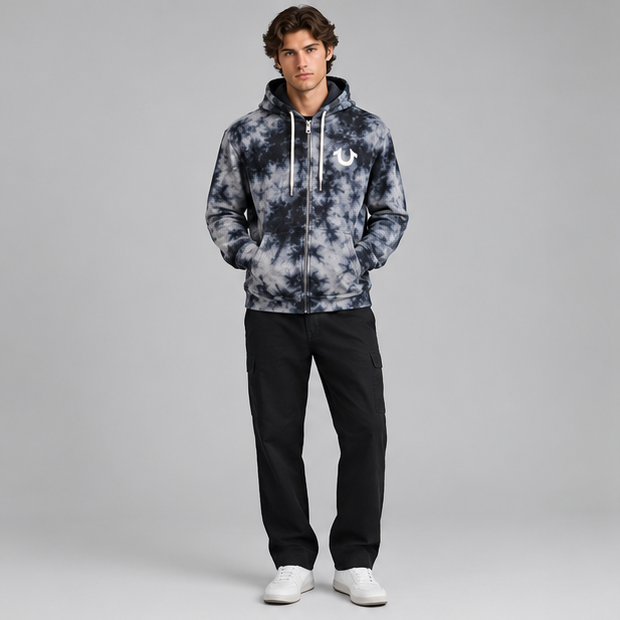 True Religion Bleach Tie-Dye Globe Logo Zip-Up Hoodie